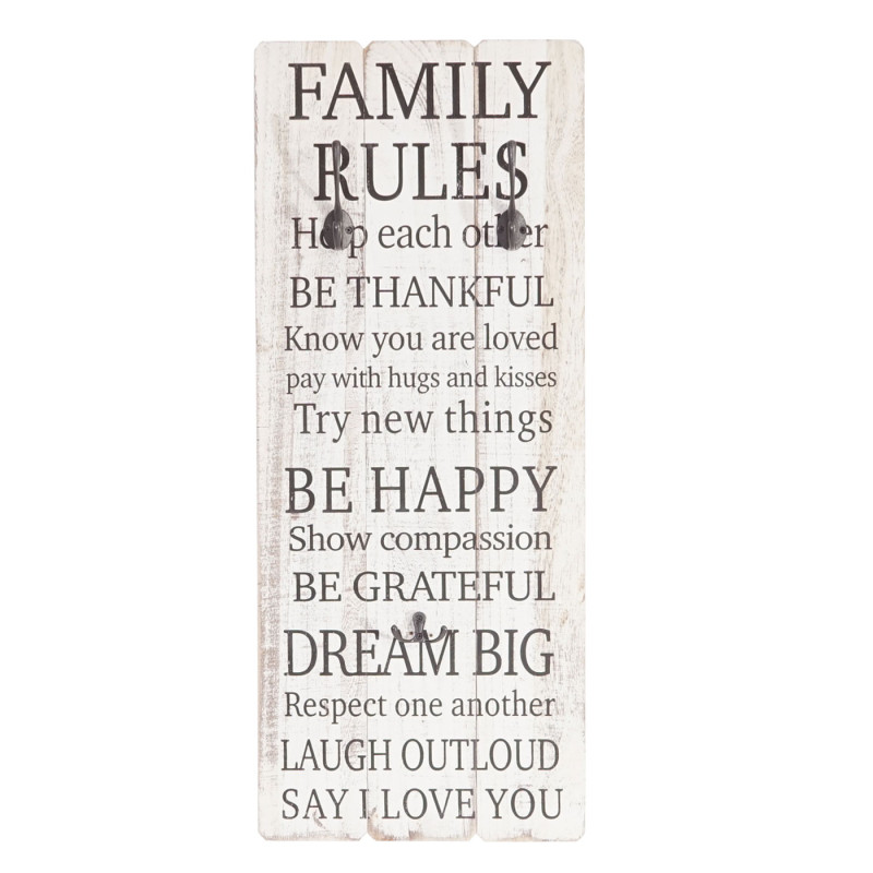 Garde-robe murale Family Rules, planche vestiaire, style shabby, vintage avec 3 crochets, 76x31cm