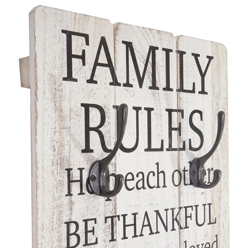 Garde-robe murale Family Rules, planche vestiaire, style shabby, vintage avec 3 crochets, 76x31cm