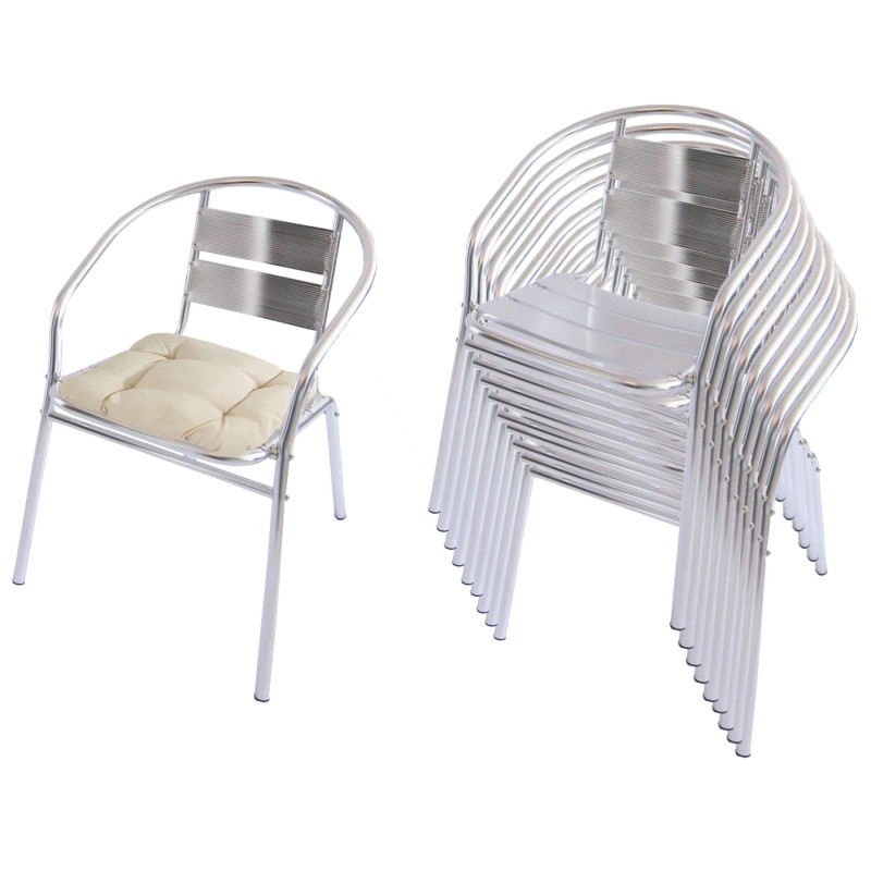 10x chaise bistro en aluminium M64, chaise empilable de jardin / terasse - avec coussin, crème