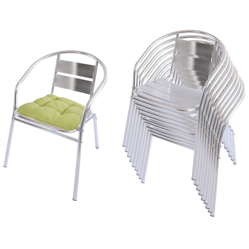 10x chaise bistro en aluminium M64, chaise empilable de jardin / terasse - avec coussin, vert clair