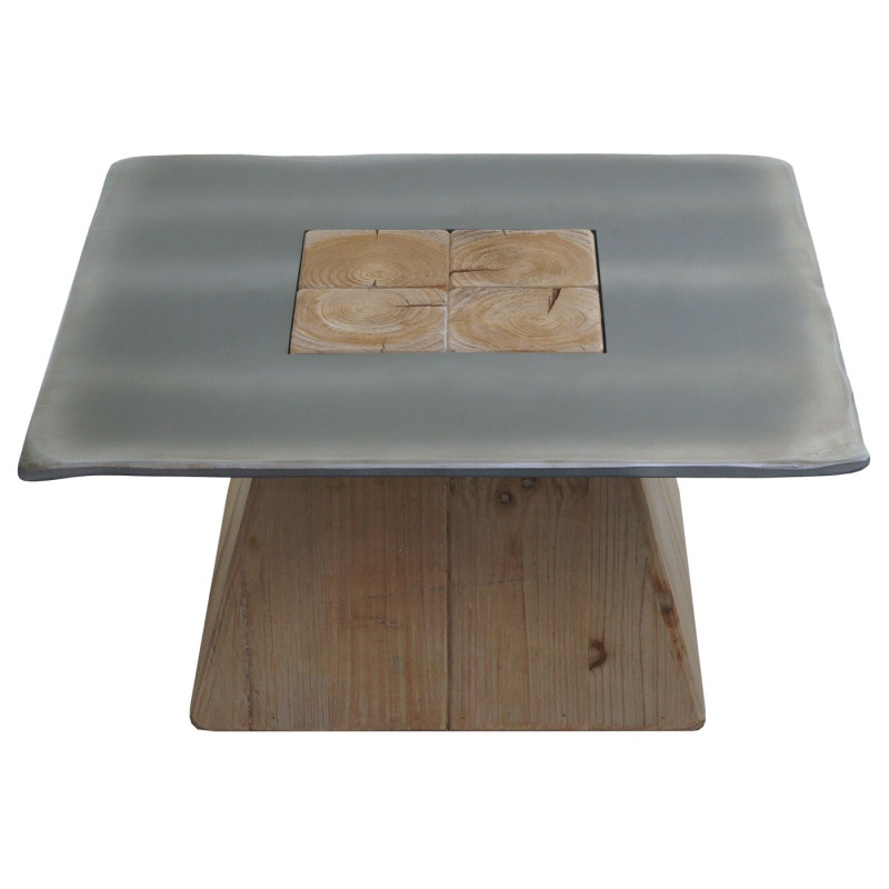 Table basse Table de salon d'appoint, bois massif industriel MVG, 60x60cm naturel avec aspect métal