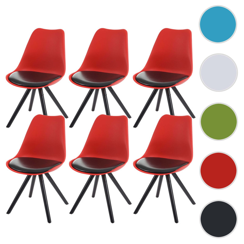6x chaise de séjour/salle à manger Malmö T501 / rétro - rouge, siège similicuir noir, pieds foncés