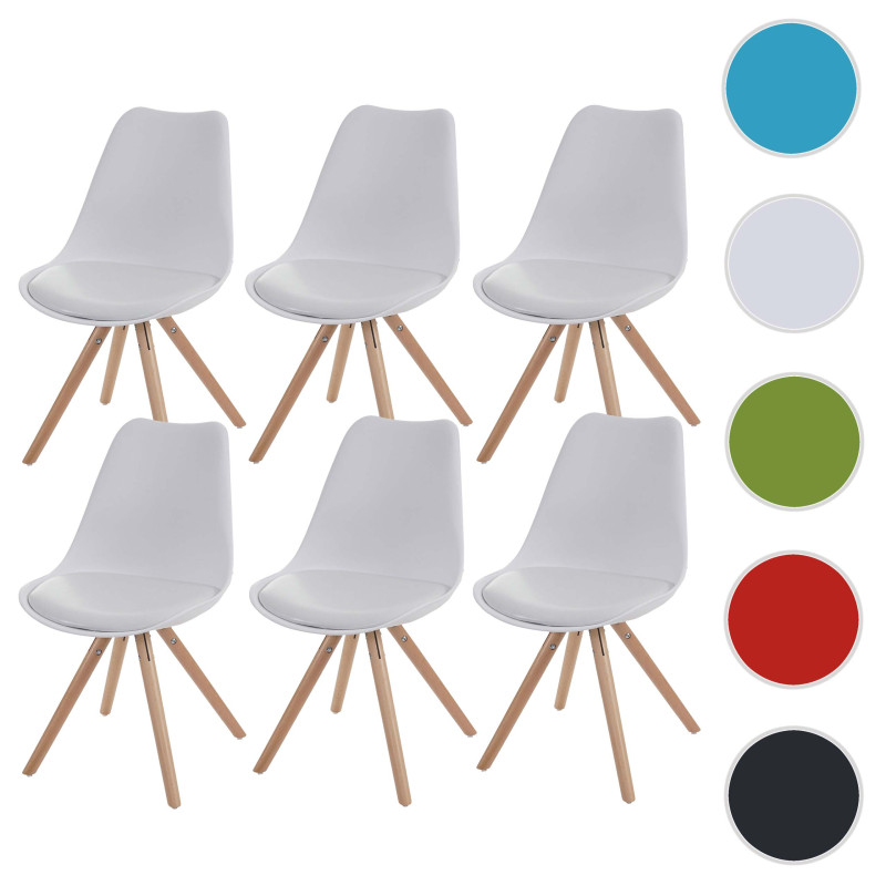6x chaise de séjour/salle à manger Malmö T501 / design rétro - blanc, siège similicuir blanc, pieds clairs
