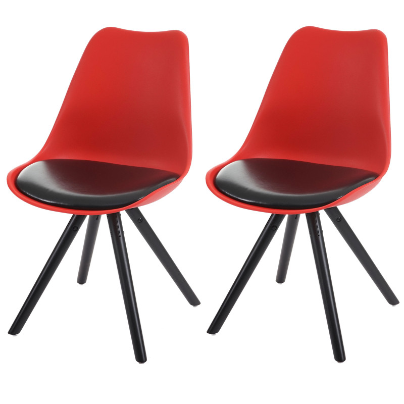 2x chaise de salle à manger Malmö T501, style rétro des années 50 - rouge, siège noir, pieds foncés