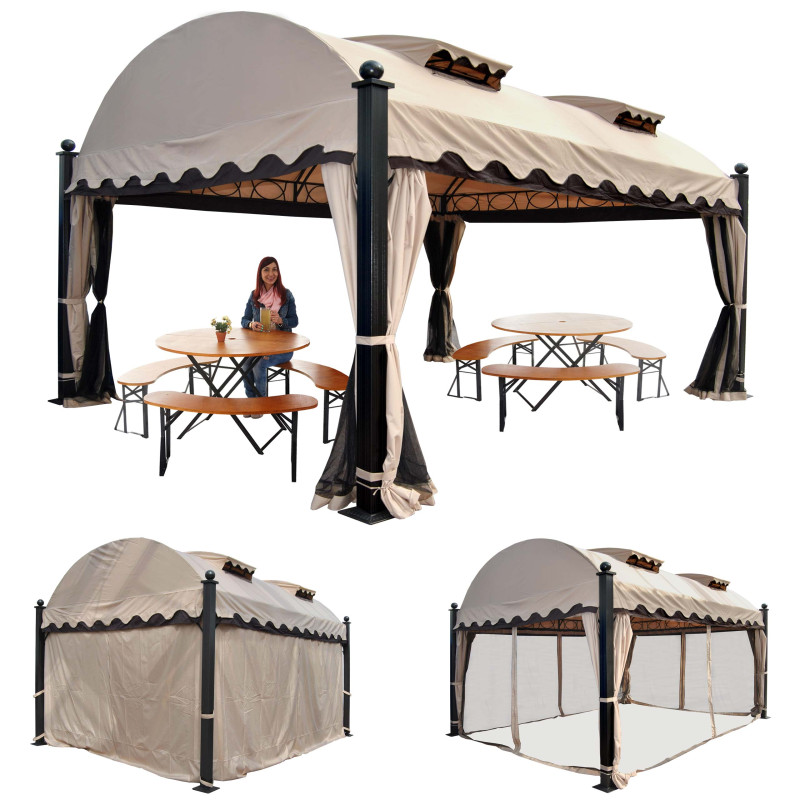 Pergola Daroca, pavillon de jardin, cadre stable à 10cm avec paroi et moustiquaire, 4,5x3,5m