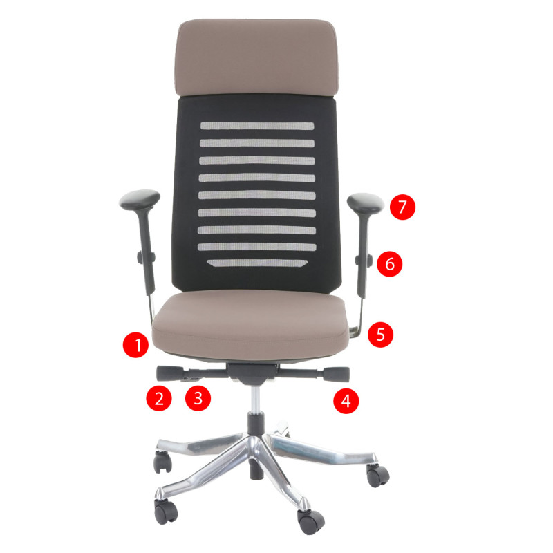 Fauteuil de bureau MERRYFAIR Velo, chaise pitovante, rembourrage / filet, ergonomique - taupe avec appui-tête