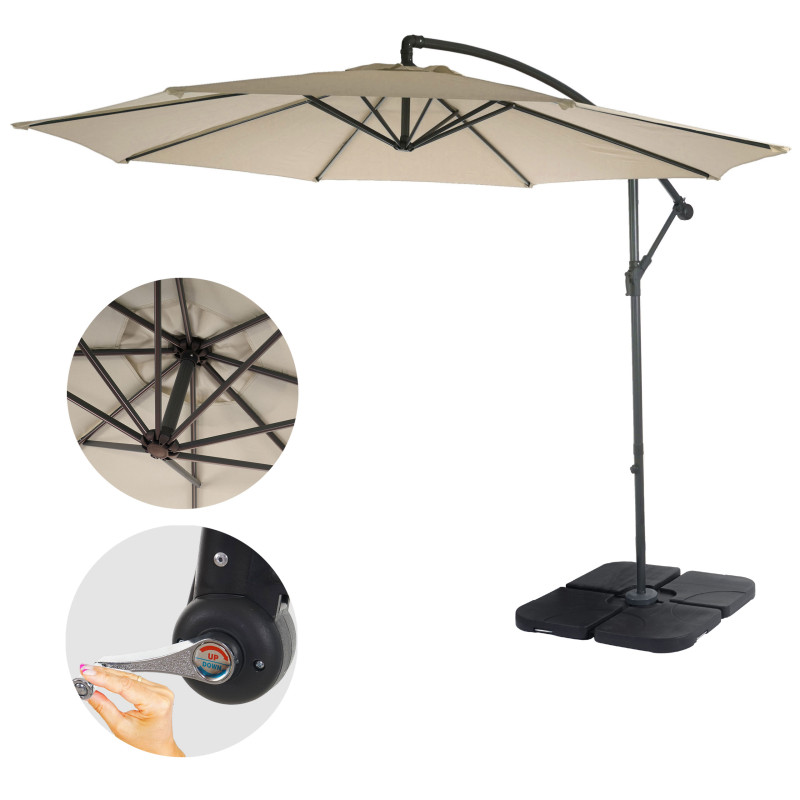 Parasol déporté semi-pro Acerra, protection contre le soleil, 3m inclinable - crème avec support