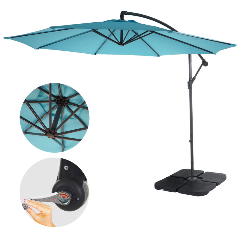 Parasol déporté semi-pro Acerra, protection contre le soleil, 3m inclinable - turquoise avec support