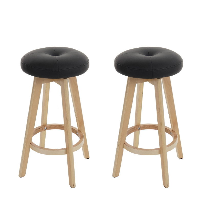 2x tabouret de bar Navan, chaise de comptoir, bois, similicuir, rotatif - noir, pieds clairs