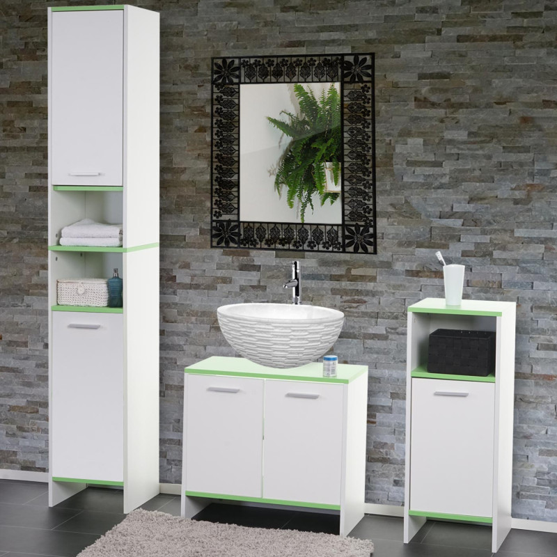 Set de salle de bain Arezzo, meuble sous évier, armoire haute, commode - blanc, sols verts