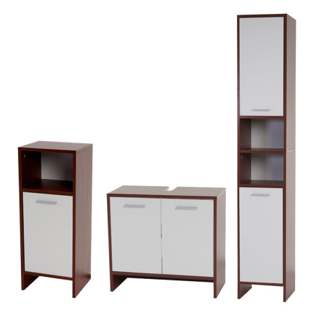 Set de salle de bain Arezzo, meuble sous évier, armoire haute, commode - marron, portes blanches