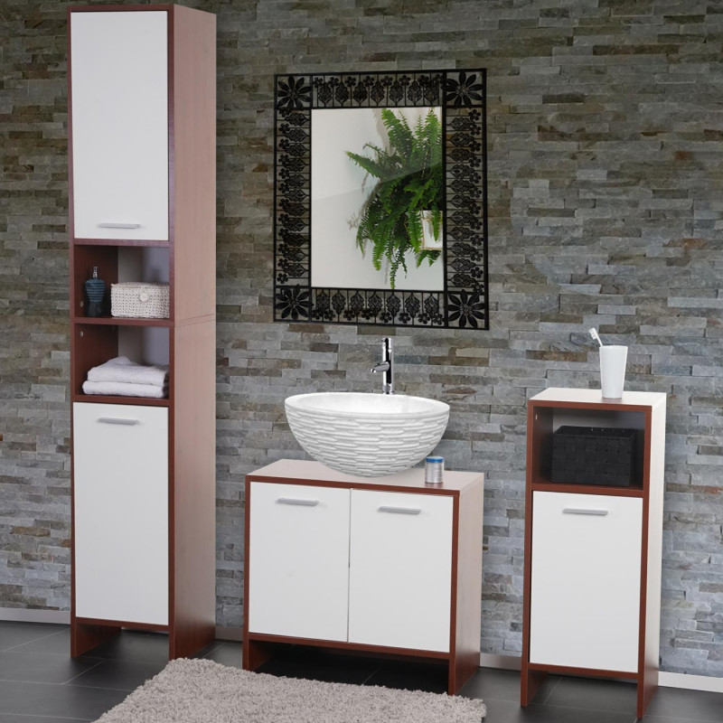 Set de salle de bain Arezzo, meuble sous évier, armoire haute, commode - marron, portes blanches