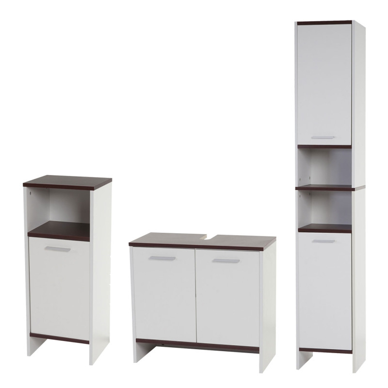 Set de salle de bain Arezzo, meuble sous évier, armoire haute, commode - blanc, sols marrons