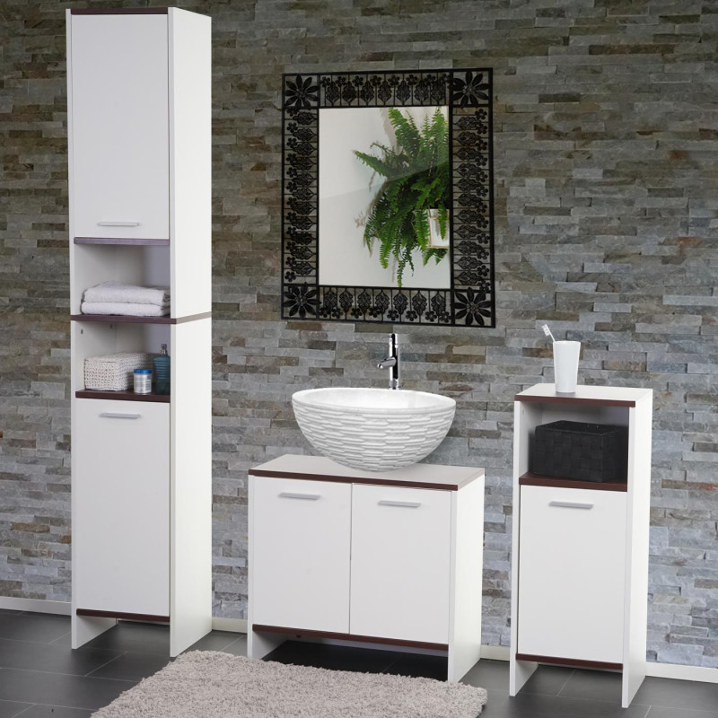 Set de salle de bain Arezzo, meuble sous évier, armoire haute, commode - blanc, sols marrons