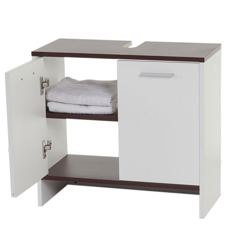 Set de salle de bain Arezzo, meuble sous évier, armoire haute, commode - blanc, sols marrons