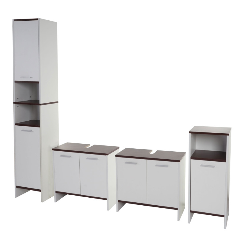 Set de salle de bain Arezzo, 2x meuble sous évier, armoire haute, commode - marron, portes blanches