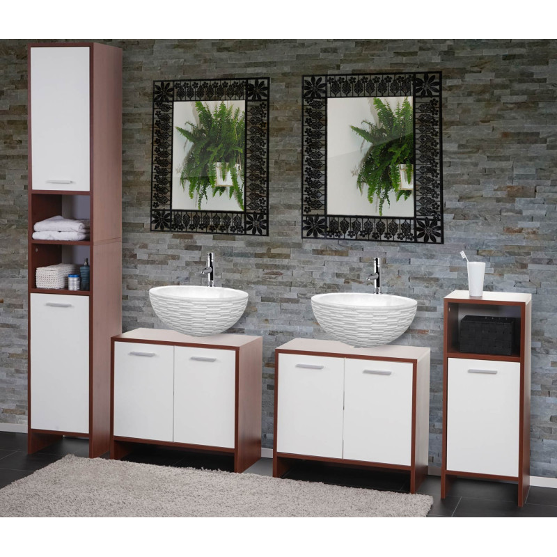 Set de salle de bain Arezzo, 2x meuble sous évier, armoire haute, commode - marron, portes blanches