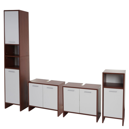 Set de salle de bain Arezzo, 2x meuble sous évier, armoire haute, commode - blanc, sols marron