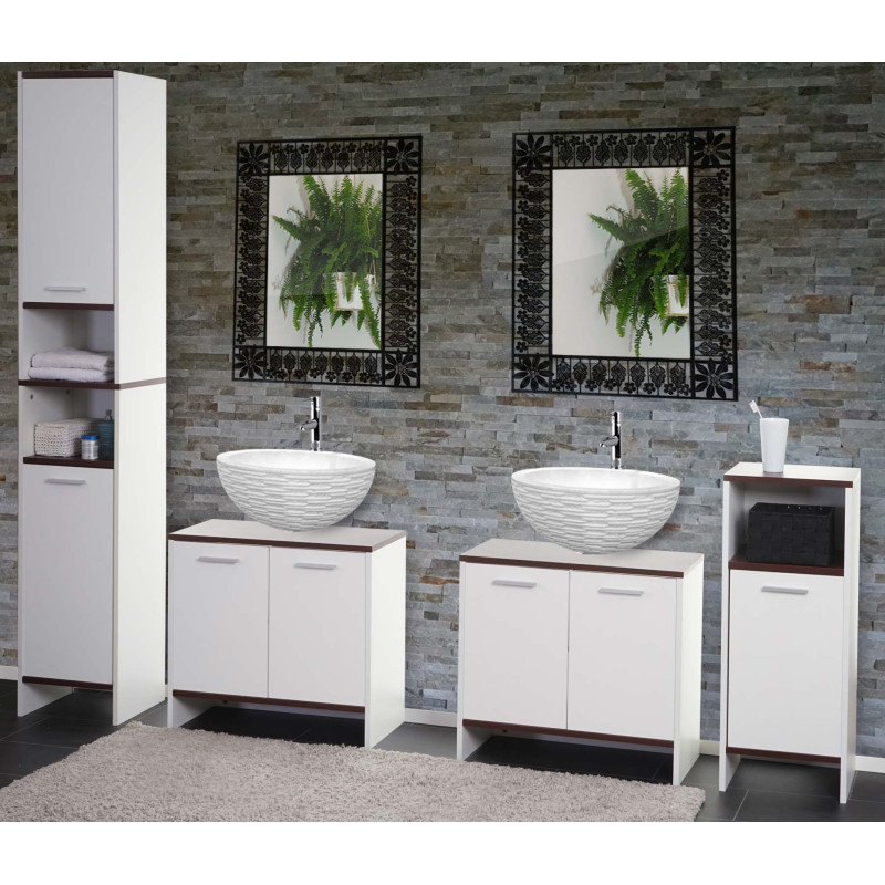 Set de salle de bain Arezzo, 2x meuble sous évier, armoire haute, commode - blanc, sols marron