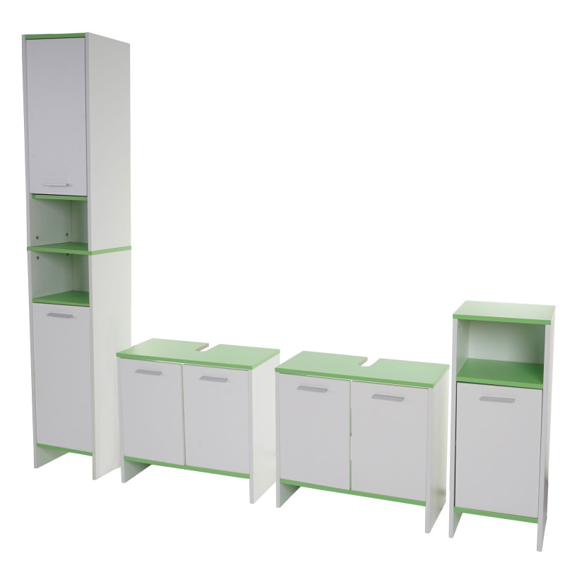 Set de salle de bain Arezzo, 2x meuble sous évier, armoire haute, commode - blanc, sol verts