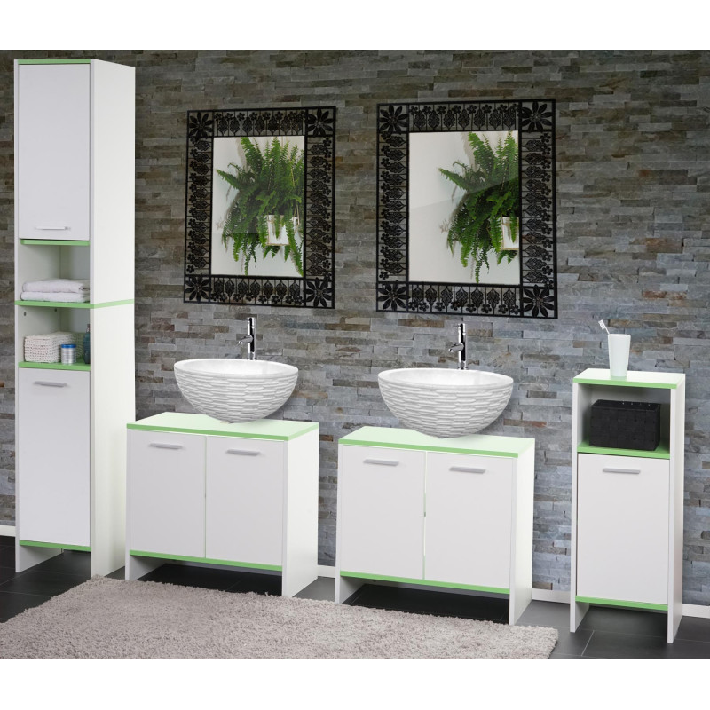 Set de salle de bain Arezzo, 2x meuble sous évier, armoire haute, commode - blanc, sol verts