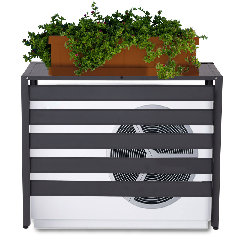 Habillage climatiseur/pompe à chaleur couverture grille de protection étagère pour plantes, métal 74x98x38cm - gris