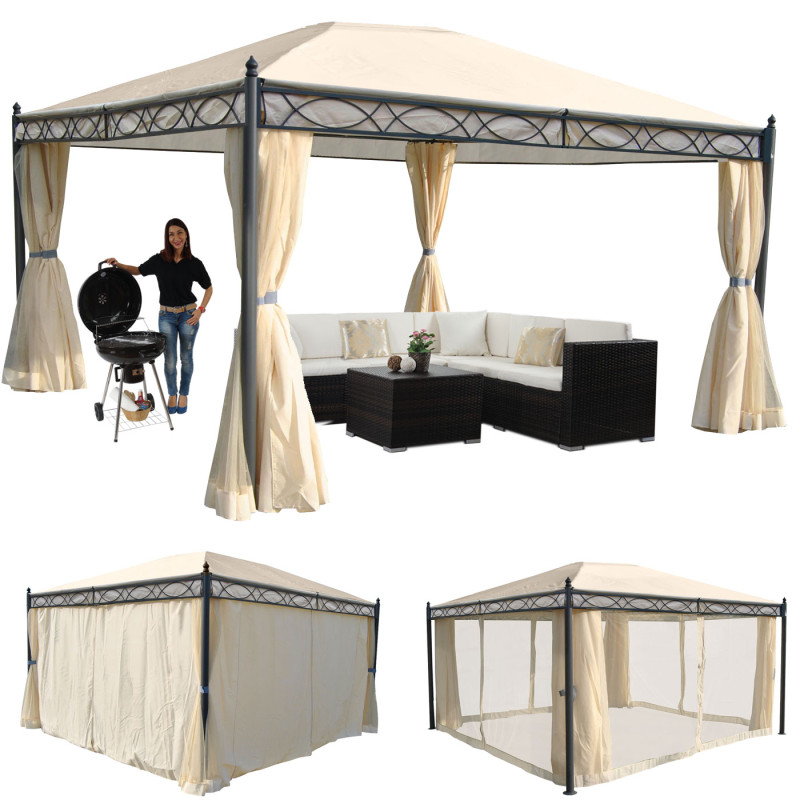 Pergola Cadiz, pavillon de jardin, cadre stable à 7cm avec paroi et moustiquaire - crème 4x3m