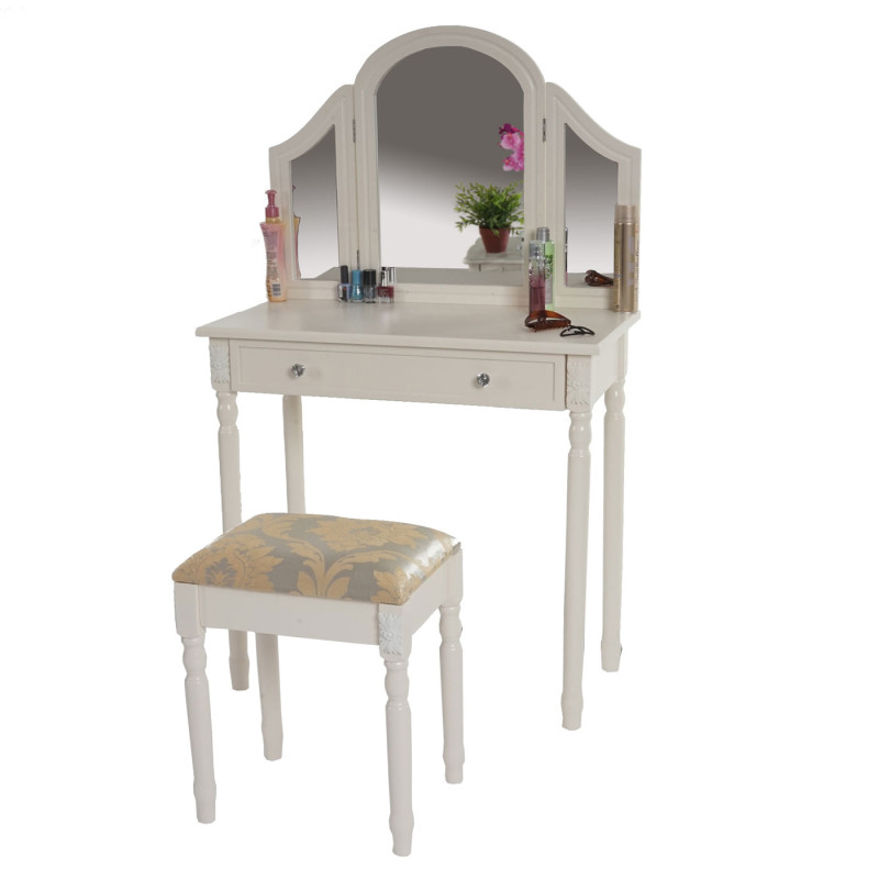 Table de maquillage Gela T434, table de coiffeur avec tabouret, baroque 140x77x42cm - crème