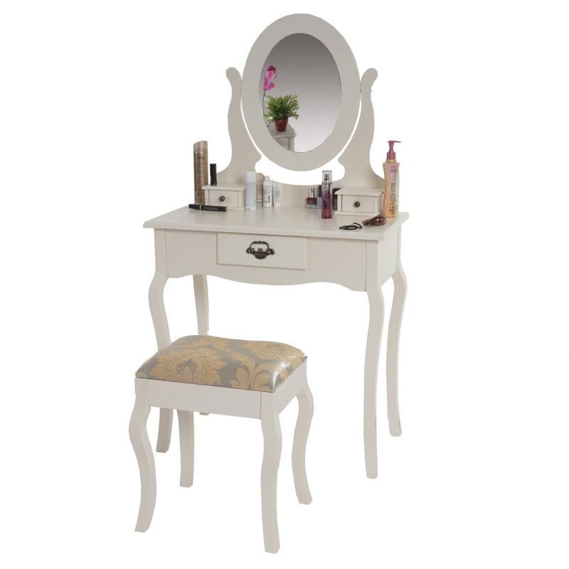 Table de maquillage Gela T433, table de coiffeur / cosmétique avec tabouret, baroque 140x77x42cm - crème
