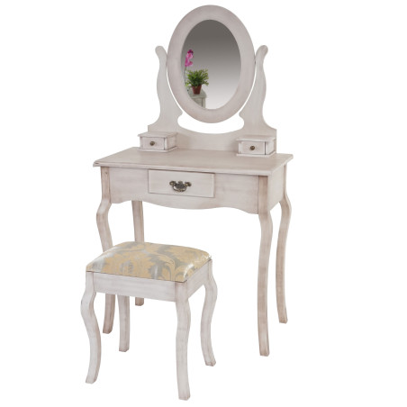 Table de maquillage Gela T433, table de coiffeur avec tabouret, baroque 140x77x42cm - blanc antique