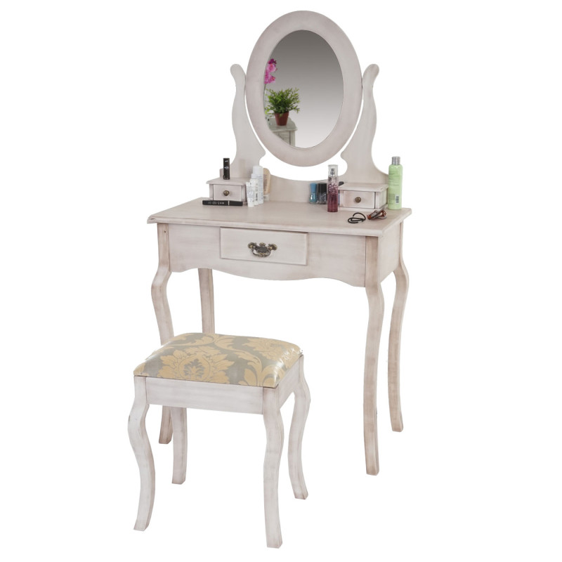 Table de maquillage Gela T433, table de coiffeur avec tabouret, baroque 140x77x42cm - blanc antique
