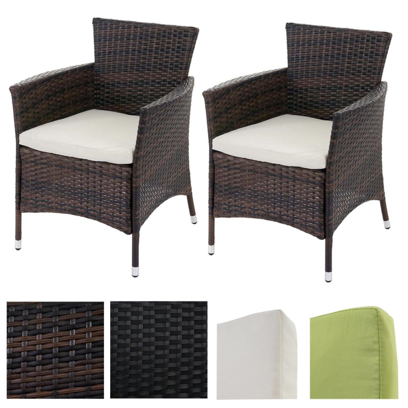 Lot de 2 chaises de jardin polyrotin ROM Basic, fauteuil en osier - marron avec coussins vert