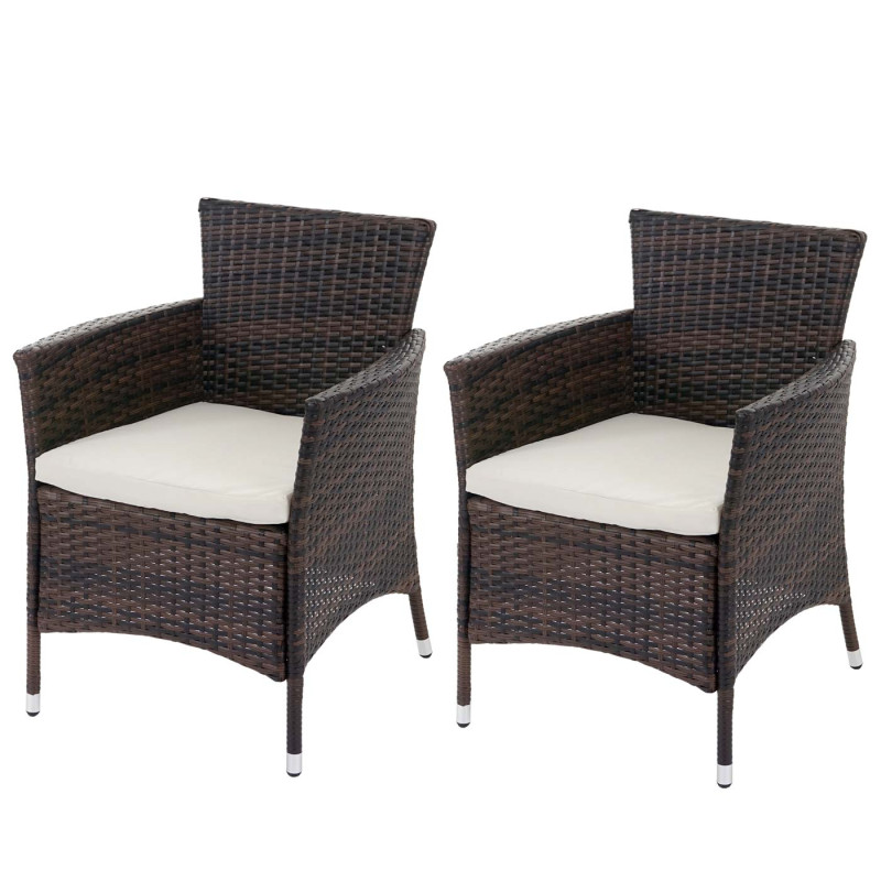Lot de 2 chaises de jardin polyrotin ROM Basic, fauteuil en osier - marron avec coussins crème