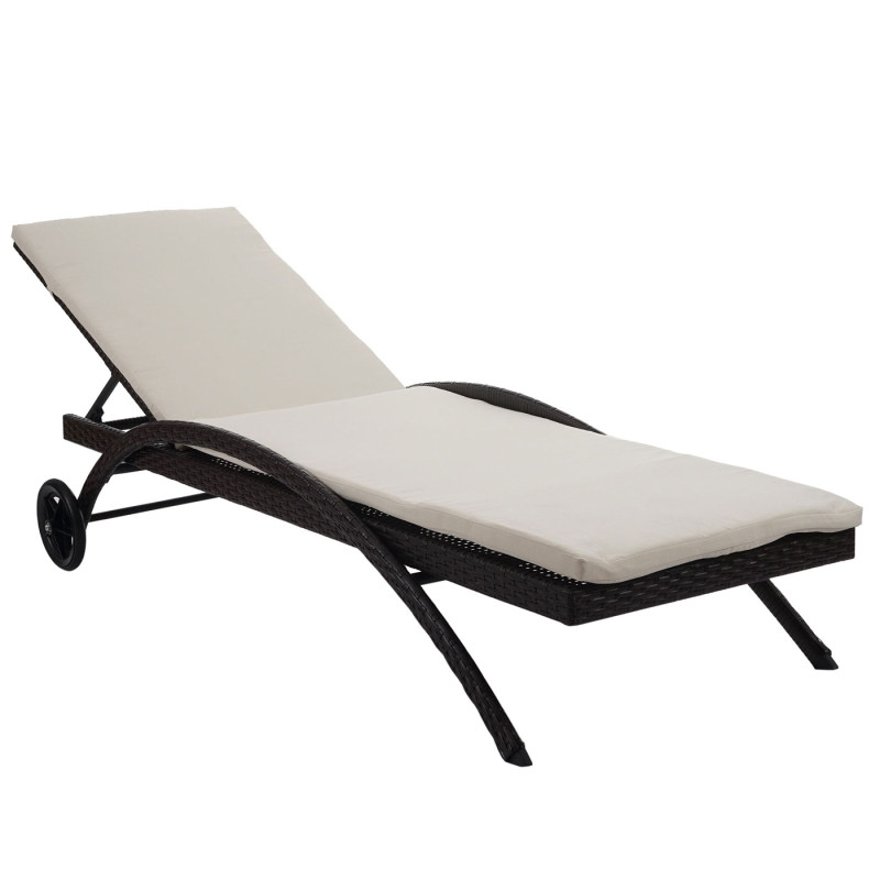 Chaise longue Kastoria, polyrotin, bain de soleil - marron chiné, coussin crème