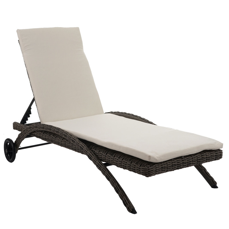 Chaise longue Kastoria, polyrotin, bain de soleil - gris naturel, coussin crème