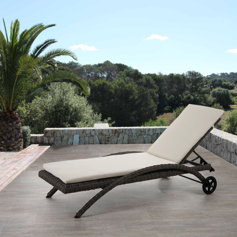 Chaise longue Kastoria, polyrotin, bain de soleil - gris naturel, coussin crème