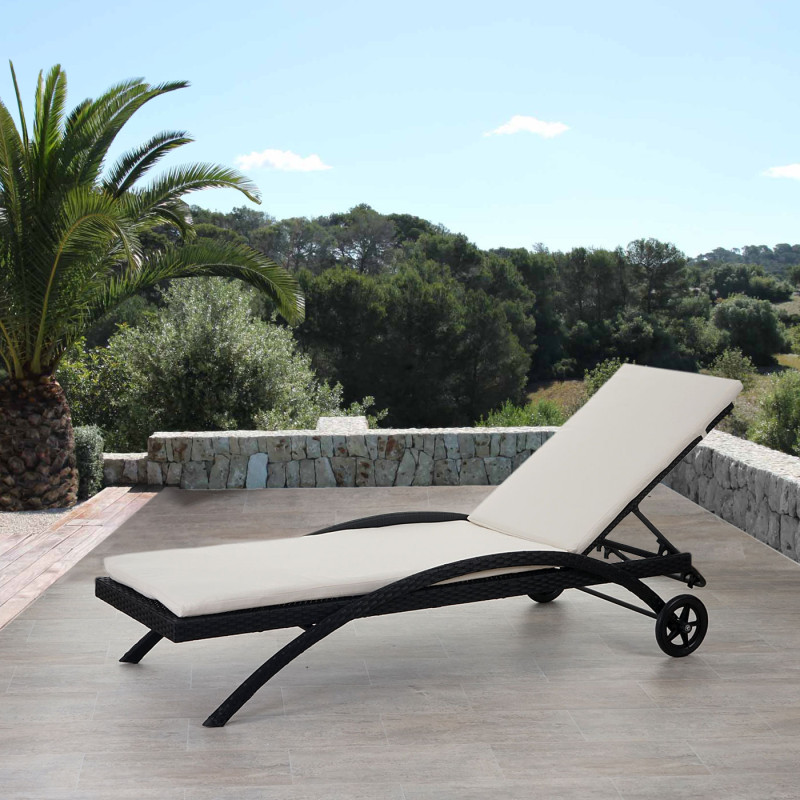 Chaise longue Kastoria, polyrotin, bain de soleil - anthracite, coussin crème