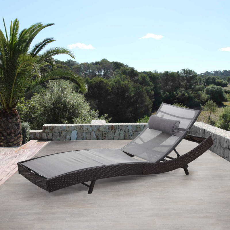 XXL bain de soleil Catania chaise longue relax, divan, polyrotin - marron chiné, enveloppe gris
