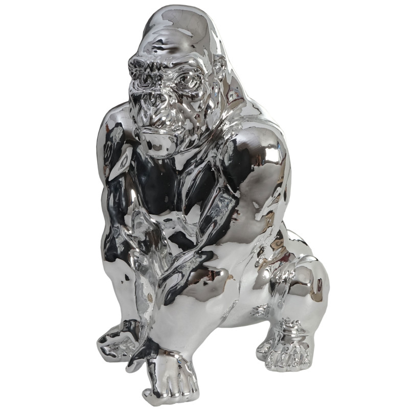 Figure de décoration gorille 40cm, polyresin sculpture, singe, intérieur/plein air - argent