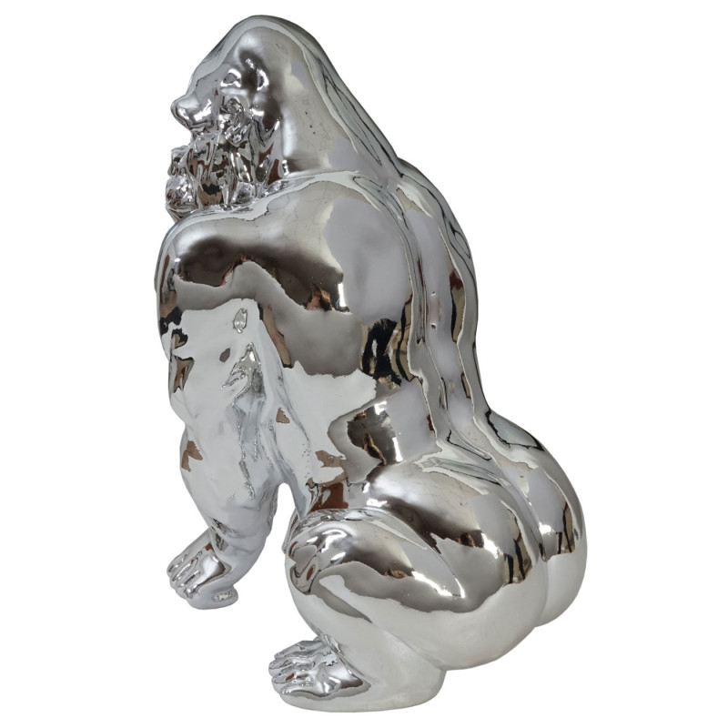 Figure de décoration gorille 40cm, polyresin sculpture, singe, intérieur/plein air - argent