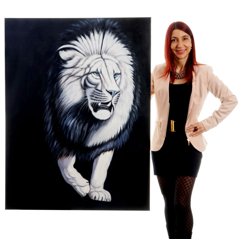 Tableau à l'huile, tigre blanc, peint à la main à 100%, toile de décoration murale XL - 120x90cm