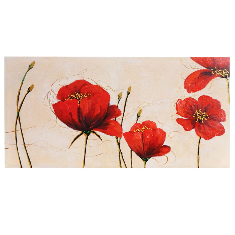 Tableau à l'huile, coquelicots rouges, peint à la main à 100%, toile de décoration murale XL - 140x70cm
