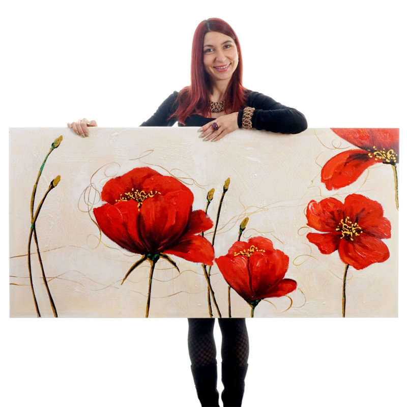 Tableau à l'huile, coquelicots rouges, peint à la main à 100%, toile de décoration murale XL - 140x70cm