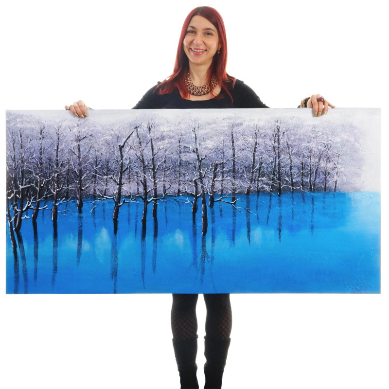 Tableau à l'huile, lac bleu, peint à la main à 100%, toile de décoration murale XL - 140x70cm