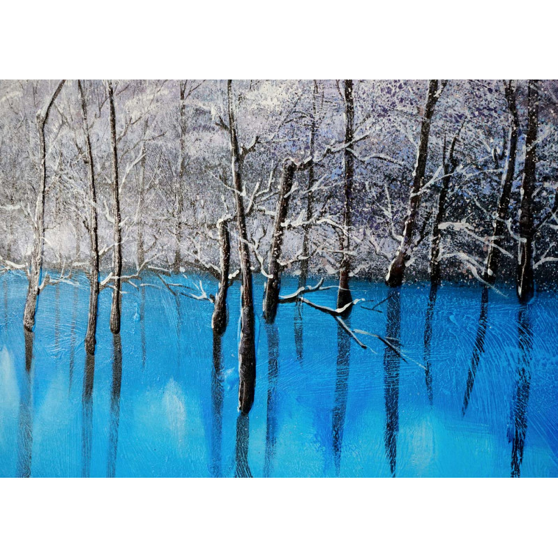 Tableau à l'huile, lac bleu, peint à la main à 100%, toile de décoration murale XL - 140x70cm