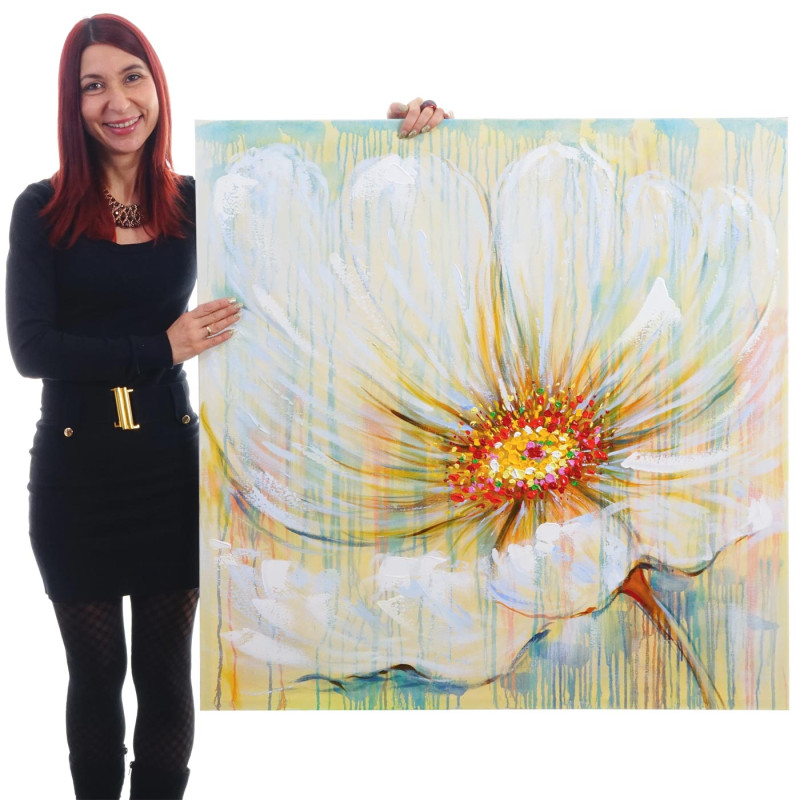 Tableau à l'huile, fleurs blanches, peint à la main à 100%, toile de décoration murale XL - 100x100cm