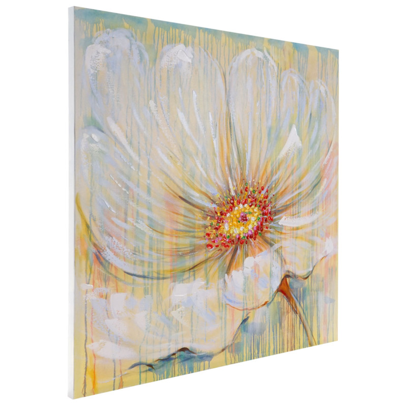Tableau à l'huile, fleurs blanches, peint à la main à 100%, toile de décoration murale XL - 100x100cm