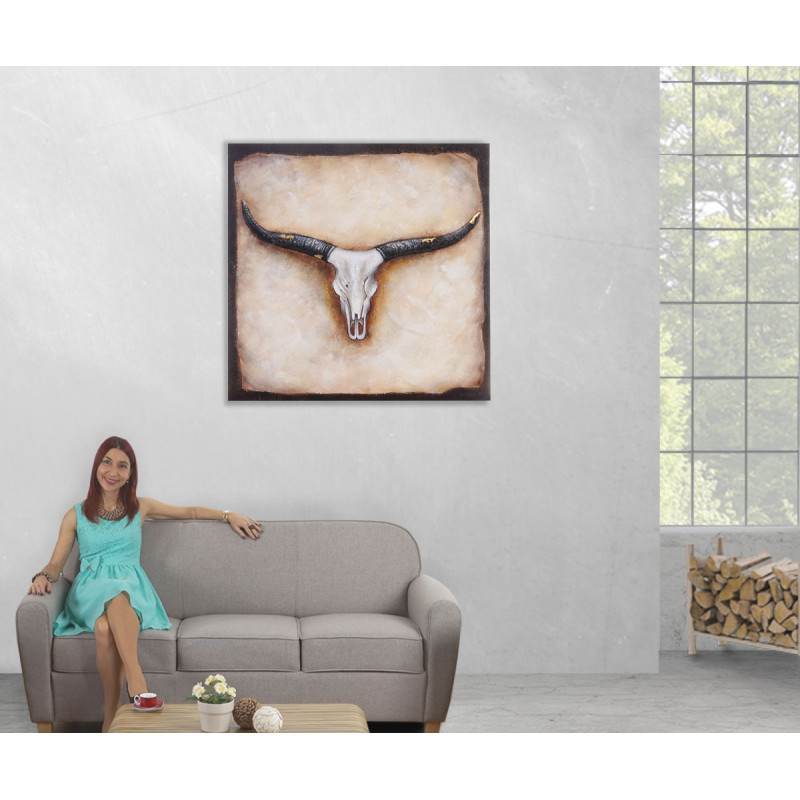 Tableau à l'huile, taureau, peint à la main à 100%, toile de décoration murale XL - 100x100cm