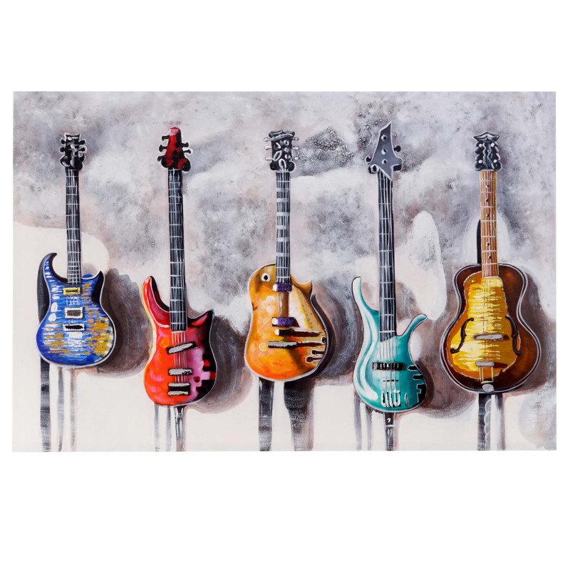 Tableau à l'huile 3D, guitares, peint à la main à 100%, toile de décoration murale XL - 120x80cm