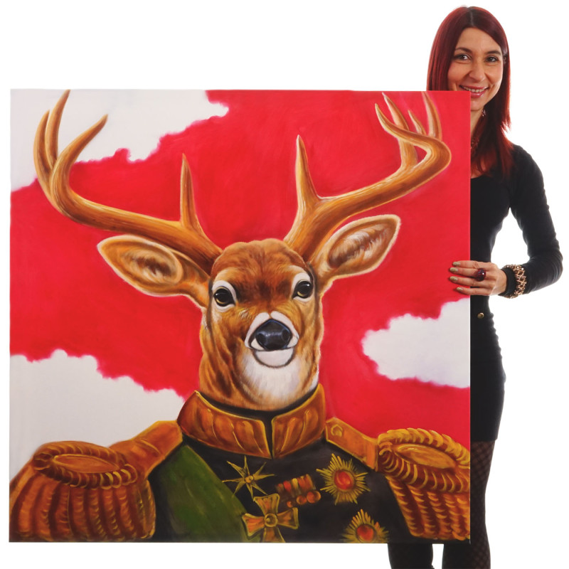 Tableau à l'huile, cerf, peint à la main à 100%, toile de décoration murale XL - 100x100cm